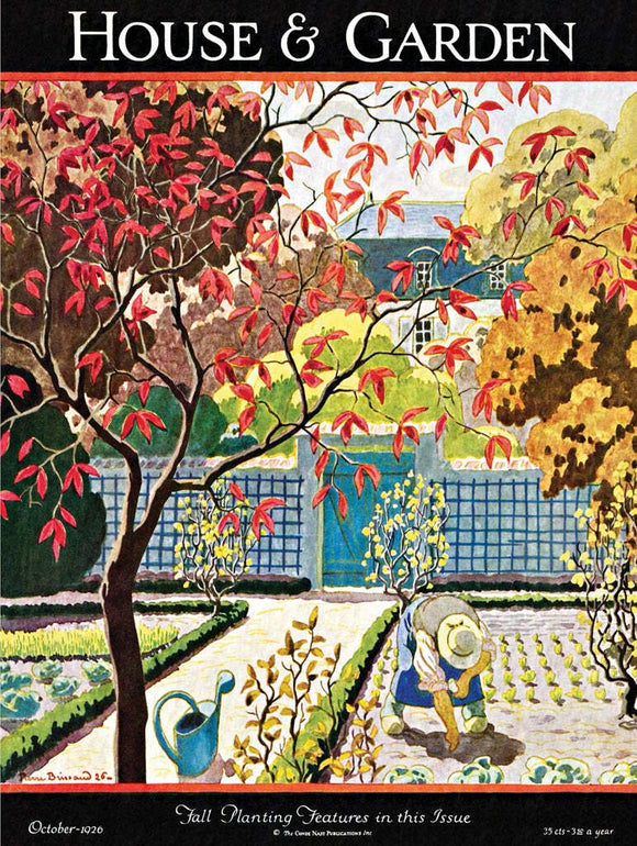 A colorful jigsaw puzzle featuring a peaceful garden scene in autumn. The artwork showcases vibrant red leaves, a gardener tending to plants, and a blue watering can, all set against a backdrop of a charming home and fence. This 1000-piece puzzle invites nature lovers to enjoy the beauty of fall while engaging in a relaxing puzzle-building experience.
