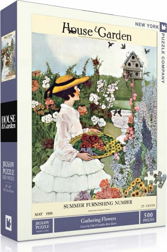 A 500-piece jigsaw puzzle titled 'Gathering Flowers' by New York Puzzle Company, featuring an illustration from House & Garden magazine, depicting a woman in a sun hat gathering flowers in a vibrant garden filled with various blossoms.