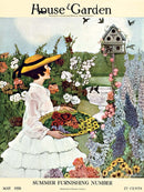 A vintage illustration featuring a woman in a white dress and a wide-brimmed straw hat, standing in a lush garden filled with colorful flowers. She holds a basket filled with various flowers, surrounded by greenery and a charming birdhouse in the background.