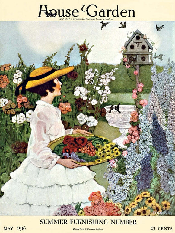 A vintage illustration featuring a woman in a white dress and a wide-brimmed straw hat, standing in a lush garden filled with colorful flowers. She holds a basket filled with various flowers, surrounded by greenery and a charming birdhouse in the background.
