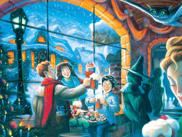 A colorful jigsaw puzzle depicting a cozy scene inside the Three Broomsticks in the Harry Potter universe. The image features three friends enjoying drinks; one boy wearing glasses, a girl with curly hair, and another character holding a drink, all celebrating in a festive winter setting with snowflakes outside and a Christmas tree adorned with colorful decorations. The warm interior glows invitingly, creating a magical atmosphere.