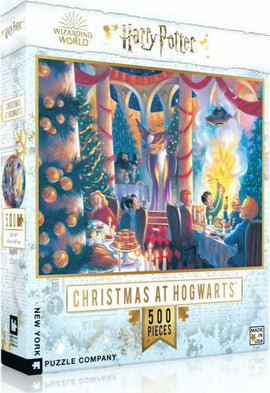 A vibrant jigsaw puzzle featuring a festive Christmas scene at Hogwarts. The illustration shows a beautifully decorated dining hall with a tree, table of treats, and floating candles. It includes characters celebrating around the table, capturing the enchanting holiday spirit of the Wizarding World.