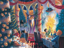 A vibrant jigsaw puzzle depicting a festive scene at Hogwarts during Christmas, featuring decorated trees, a banquet table with delicious food, and students celebrating with various magical elements. Dumbledore stands in the background while a group of children fills the foreground with excitement, surrounded by candles and holiday decorations.