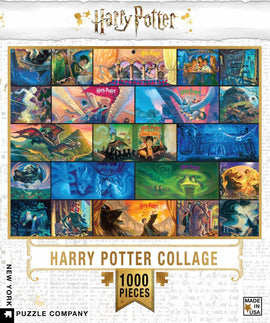 The Harry Potter Collage Puzzle by New York Puzzle Company features a vibrant collection of scenes from the Harry Potter series. It includes 1000 pieces showcasing iconic characters and moments in a colorful layout, perfect for fans and puzzle lovers.