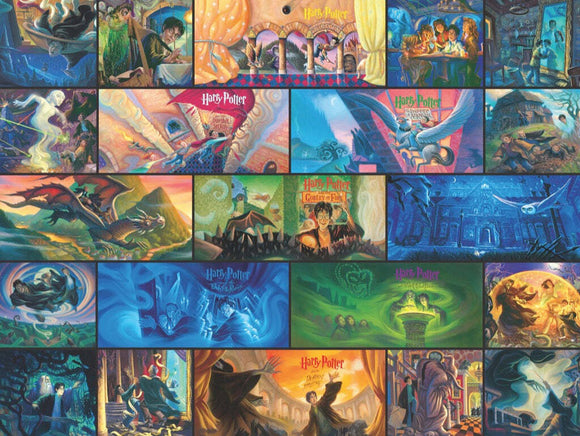 A vibrant collage featuring iconic scenes and characters from the Harry Potter series. The jigsaw puzzle showcases artwork from various book covers, depicting magical elements and adventures, capturing the enchanting world of wizards and witches.