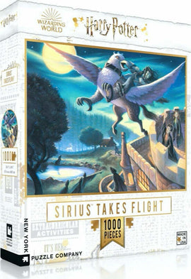 Sirius Takes Flight jigsaw puzzle by New York Puzzle Company featuring an enchanting illustration of Sirius Black riding a magical creature against a starry background. The puzzle consists of 1000 pieces and is part of the Wizarding World collection.