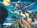 A vibrant jigsaw puzzle image featuring a mystical scene with a large winged creature soaring through a moonlit night. The creature carries a character clad in robes, while two other characters watch in awe from a castle tower. The backdrop includes lush trees and a serene pond, creating a magical atmosphere that captivates the imagination.
