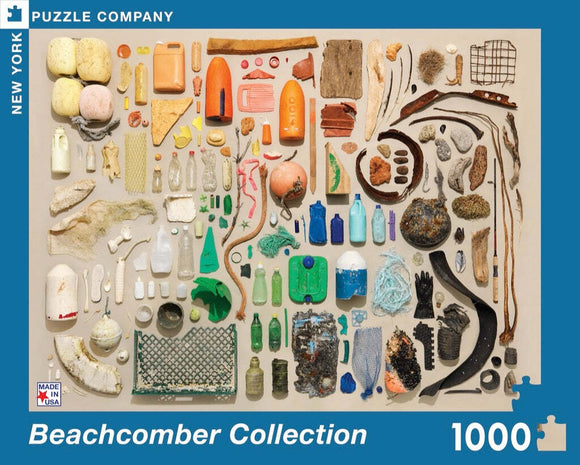 A vibrant jigsaw puzzle featuring an assortment of beachcombed items including plastic bottles, shells, and various colorful debris. The image showcases a visual collage of found objects, emphasizing ocean conservation. The puzzle contains 1000 pieces and is brought to you by New York Puzzle Company.