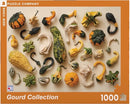 A vibrant assortment of assorted gourds in various shapes and colors, including yellow, green, and orange, arranged artistically on a light background. The jigsaw puzzle box showcases a total of 1000 pieces, highlighting the intricate details of each gourd.
