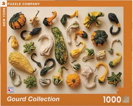 A vibrant assortment of assorted gourds in various shapes and colors, including yellow, green, and orange, arranged artistically on a light background. The jigsaw puzzle box showcases a total of 1000 pieces, highlighting the intricate details of each gourd.