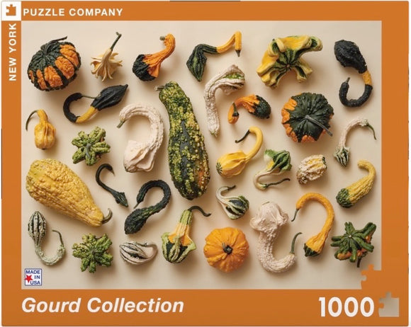 A vibrant assortment of assorted gourds in various shapes and colors, including yellow, green, and orange, arranged artistically on a light background. The jigsaw puzzle box showcases a total of 1000 pieces, highlighting the intricate details of each gourd.