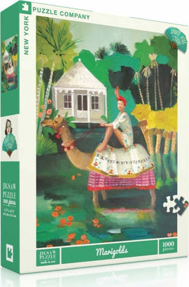 Marigolds Puzzle (1000pc) by New York Puzzle Company featuring a colorful illustration of a woman in traditional attire riding a camel in a lush landscape with vibrant flowers and a cottage in the background.