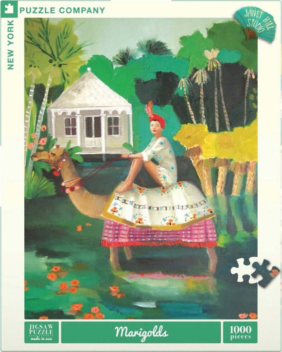 A 1000-piece jigsaw puzzle featuring a colorful painting of a woman in a vibrant dress riding a camel on a serene waterway, surrounded by lush greenery and a charming house in the background. Ideal for puzzle enthusiasts looking to challenge themselves with a beautiful design.