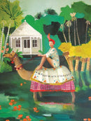 A colorful jigsaw puzzle depicting a woman riding a camel in a lush green landscape with tropical plants and a quaint house in the background, featuring vibrant flowers and a serene water reflection.