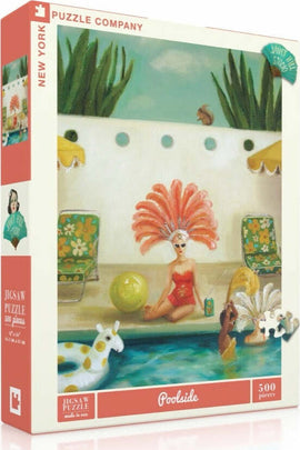 The 'Poolside Puzzle' box features an illustration of a glamorous woman in a red swimsuit lounging by a vibrant blue pool, surrounded by colorful chairs and tropical plants. The puzzle contains 500 pieces.