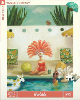 The Poolside Puzzle features a vibrant illustration of a sun-soaked pool scene. A glamorous woman in a red swimsuit and feathered headpiece relaxes by the edge of the pool, surrounded by cheerful pool floats. Two ladies in glittering swimsuits splash playfully in the water, while a colorful beach umbrella and retro lounge chairs add to the summery vibe. The puzzle background showcases lush greenery and a bright blue sky, making it perfect for puzzle enthusiasts looking for a fun challenge.