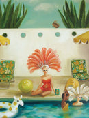 A vibrant 500-piece jigsaw puzzle depicting a sunny poolside scene. A fashionable woman in a red bathing suit sits beside the pool, wearing sunglasses and a large feathered headpiece. Colorful pool floats like a giraffe and a beach ball are nearby, and two friends swim in the pool, enjoying the day. Lush green plants and yellow lounge chairs frame the scene, evoking a cheerful summer atmosphere.