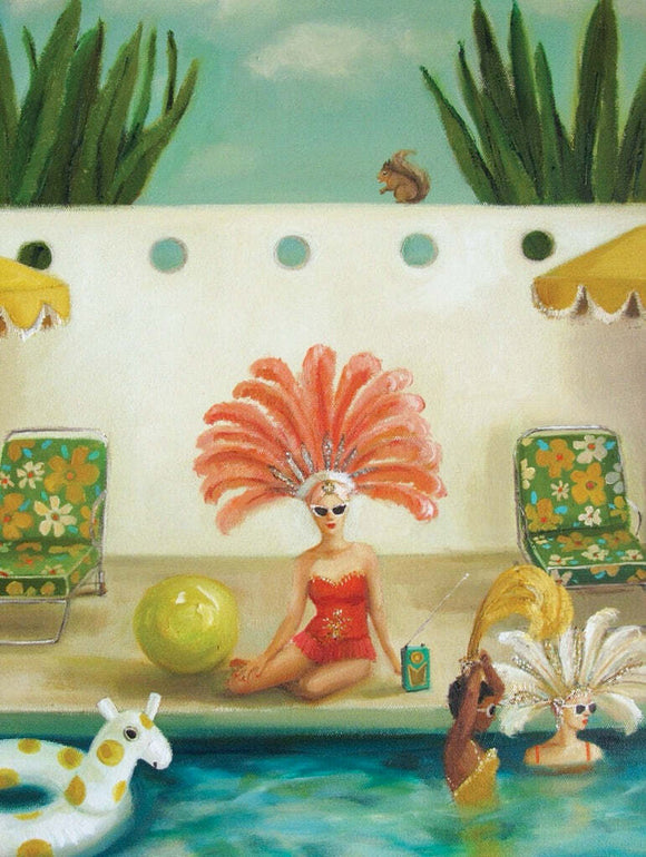A vibrant 500-piece jigsaw puzzle depicting a sunny poolside scene. A fashionable woman in a red bathing suit sits beside the pool, wearing sunglasses and a large feathered headpiece. Colorful pool floats like a giraffe and a beach ball are nearby, and two friends swim in the pool, enjoying the day. Lush green plants and yellow lounge chairs frame the scene, evoking a cheerful summer atmosphere.