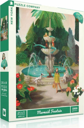 The Mermaid Fountain Puzzle (1000pc) by New York Puzzle Company showcases a whimsical scene with a majestic fountain surrounded by lush greenery, flowers, and playful characters, inviting puzzlers to immerse themselves in this delightful setting.
