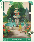 A beautiful illustration of a mermaid fountain featuring mermaids perched on the fountain, surrounded by vibrant greenery and blooming flowers. In the scene, various characters are admiring the fountain while a Dalmatian dog sits nearby. The artwork is vibrant and colorful, inviting viewers into a whimsical world.