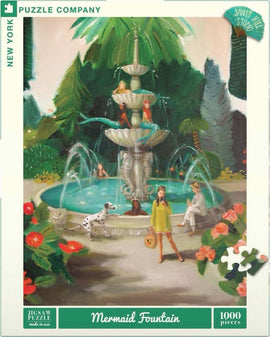A beautiful illustration of a mermaid fountain featuring mermaids perched on the fountain, surrounded by vibrant greenery and blooming flowers. In the scene, various characters are admiring the fountain while a Dalmatian dog sits nearby. The artwork is vibrant and colorful, inviting viewers into a whimsical world.