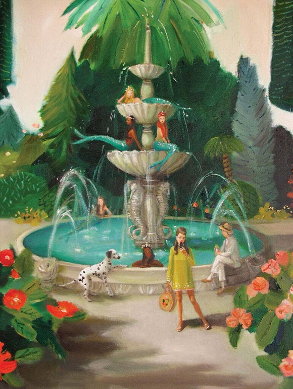 A colorful illustration features a whimsical mermaid fountain surrounded by lush greenery and blooming flowers. Three mermaids are playfully seated atop the fountain, while people interact nearby, creating a charming scene filled with joy and fantasy. The image includes a Dalmatian dog and detailed floral elements, enhancing its enchanting atmosphere.