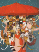 A whimsical jigsaw puzzle featuring a woman under a large red umbrella, surrounded by numerous colorful and playful cats. The scene is vibrant, with cats of various breeds and colors playfully interspersed among the raindrops in the background.