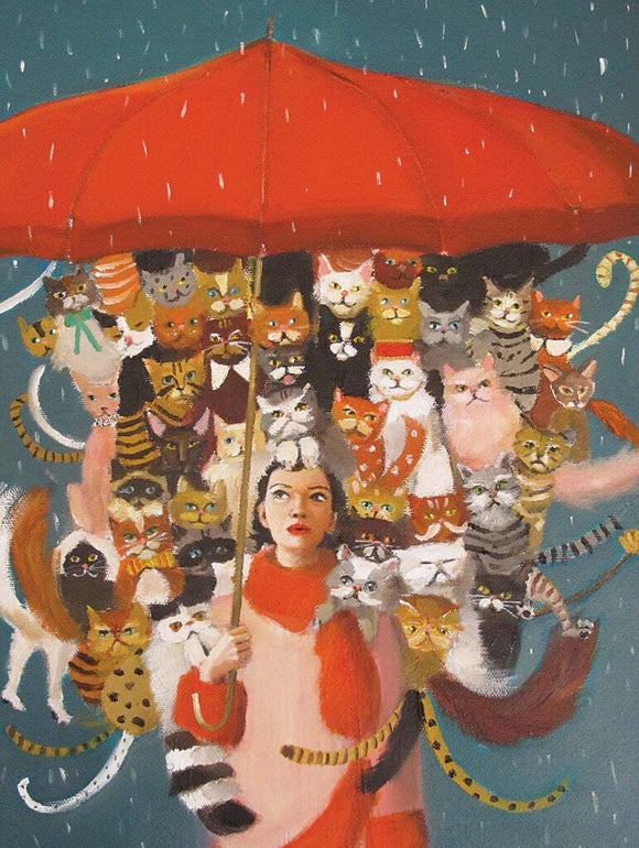 A whimsical jigsaw puzzle featuring a woman under a large red umbrella, surrounded by numerous colorful and playful cats. The scene is vibrant, with cats of various breeds and colors playfully interspersed among the raindrops in the background.