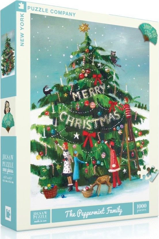 The Peppermint Family Puzzle (1000 pieces) from New York Puzzle Company features a festive Christmas tree adorned with colorful decorations and a 'MERRY CHRISTMAS' banner. There are whimsical characters, including a woman in a polka dot dress and a couple of children, gathering around the tree and adding ornaments. Perfect for family gatherings and holiday fun, this jigsaw puzzle boasts a charming holiday design.