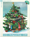 A colorful jigsaw puzzle featuring a festive Christmas scene with a decorated tree, children hanging ornaments, and a deer, all under a snowy sky. The puzzle is titled 'The Peppermint Family' and contains 1000 pieces.