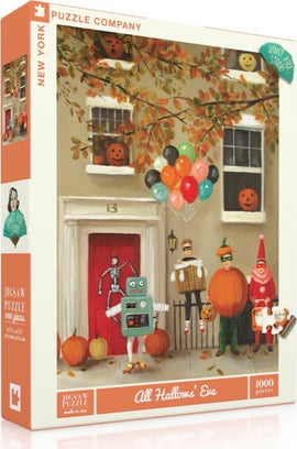 All Hallows' Eve 1000-piece jigsaw puzzle by New York Puzzle Company featuring a whimsical Halloween scene. The image depicts a festive group of characters dressed in costumes, including a robot, a pumpkin, and a skeleton, set against a background of a charming house adorned with pumpkins and colorful balloons, capturing the spirit of Halloween.