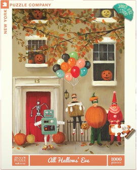 A colorful jigsaw puzzle titled 'All Hallows' Eve' featuring a whimsical Halloween scene. The illustration includes a group of costumed characters—such as a robot, skeleton, and pumpkin person—gathered outside a house adorned with pumpkins and festive autumn leaves, celebrating the spirit of Halloween. The puzzle consists of 1000 pieces and is produced by New York Puzzle Company. The vibrant colors and playful design make it a delightful choice for puzzle enthusiasts and Halloween lovers alike.