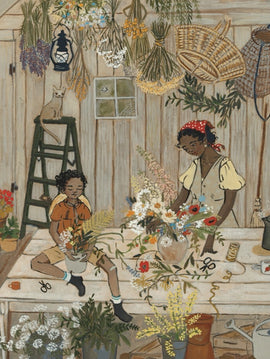 A beautifully illustrated jigsaw puzzle by New York Puzzle Company featuring a floral workshop scene. It shows two individuals of diverse backgrounds arranging flowers in pots, surrounded by various plants, flowers, and gardening tools. A cat sits atop a stool observing the scene, while dried flowers hang from the wooden walls, capturing the cozy and vibrant atmosphere of floristry.
