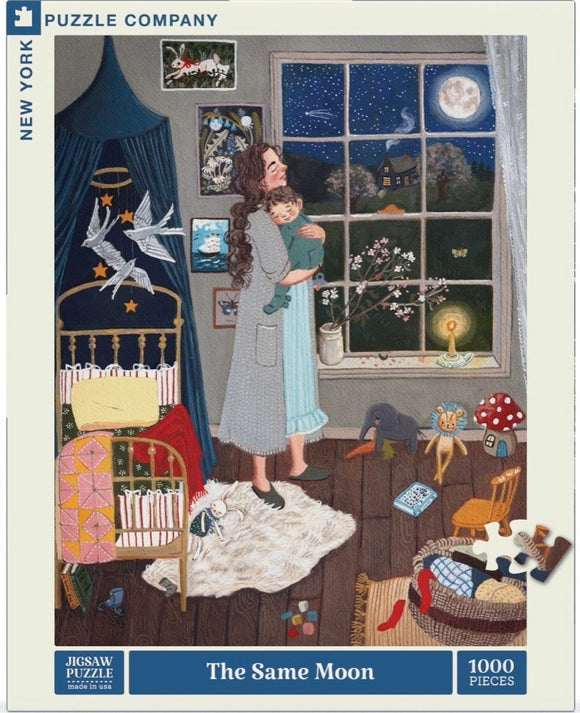 A tranquil jigsaw puzzle featuring a woman holding a sleeping child in a cozy room filled with charming decor. A window showcases a starry night with a full moon, while various playful items like stuffed animals and toys are scattered around the floor. The puzzle box is from New York Puzzle Company and contains 1000 pieces.