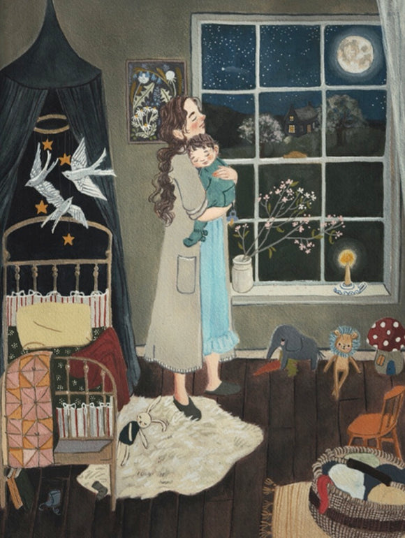 A serene scene depicting a mother holding her sleeping child in a warmly lit room. The window reveals a starry night sky with a full moon, while decorative elements like a cozy bed, colorful toys, and a vase with flowers enhance the inviting atmosphere. Traditional and whimsical touches create a comforting, nostalgic setting.