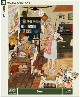 A colorful jigsaw puzzle titled 'Nest' by New York Puzzle Company, featuring a cozy kitchen scene with a pregnant woman and a child surrounded by various kitchen items, a chicken, and warm colors. The artwork depicts a lively atmosphere filled with homely details, ideal for puzzle enthusiasts.