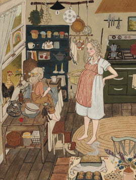 Jigsaw puzzle titled 'Nest' by New York Puzzle Company, featuring an illustrated cozy kitchen scene. The artwork portrays a pregnant woman and a young girl in a warm, inviting kitchen, surrounded by various kitchen items, jars, and a rooster visible outside the window, evoking a sense of home and childhood.