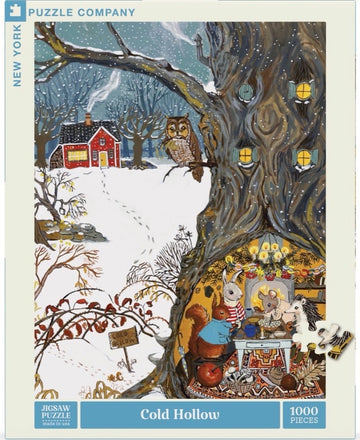 Cold Hollow jigsaw puzzle by New York Puzzle Company, featuring a whimsical winter scene with a cozy red house, a snowy landscape, an owl perched on a tree, and woodland animals enjoying a gathering inside a tree trunk, all illustrated in vibrant colors. The puzzle comprises 1000 pieces, perfect for family fun and creativity.