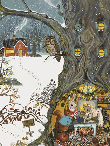 Cold Hollow jigsaw puzzle by New York Puzzle Company, featuring a winter scene with a cozy tree hollow where woodland animals gather around a table. An owl perches on a nearby branch while a red house with smoke from the chimney is in the background. The image showcases adorable animal characters including a rabbit, squirrel, mouse, and hedgehog, all enjoying a cheerful gathering amidst a snowy landscape.