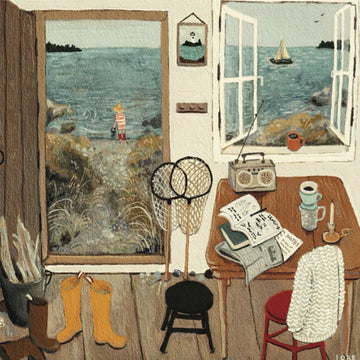 A cozy jigsaw puzzle featuring a serene coastal scene. The artwork depicts a young child in striped clothing standing by the water, framed by an open door. Inside, there's a rustic table surrounded by everyday items like a coffee cup, a radio, and newspapers, creating a warm, inviting atmosphere. The windows show a picturesque view of a sailboat and lush greenery, capturing the essence of a peaceful island getaway.