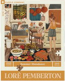 The Summer Abundance jigsaw puzzle by New York Puzzle Company features a charming kitchen scene with two children and a woman surrounded by fresh produce and cooking utensils. The artwork, created by Loré Pemberton, showcases a vibrant and cozy interior filled with sunlit details, adding a warm and inviting atmosphere perfect for puzzle enthusiasts.