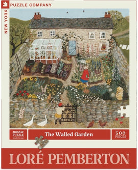 The Walled Garden jigsaw puzzle by New York Puzzle Company featuring a charming countryside scene. The illustration shows a quaint stone cottage surrounded by vibrant flowers, a greenhouse, and a colorful garden. Two geese waddle near a gate while a woman in a red coat tends to her blooming garden.