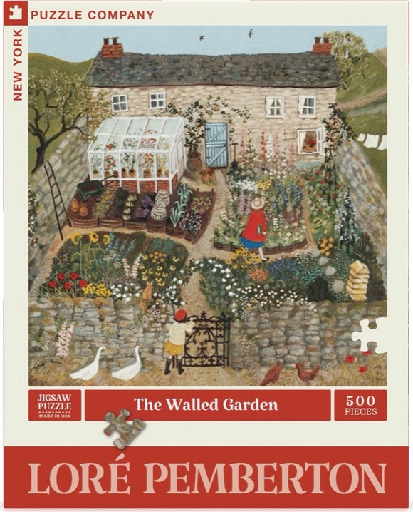 The Walled Garden jigsaw puzzle by New York Puzzle Company featuring a charming countryside scene. The illustration shows a quaint stone cottage surrounded by vibrant flowers, a greenhouse, and a colorful garden. Two geese waddle near a gate while a woman in a red coat tends to her blooming garden.
