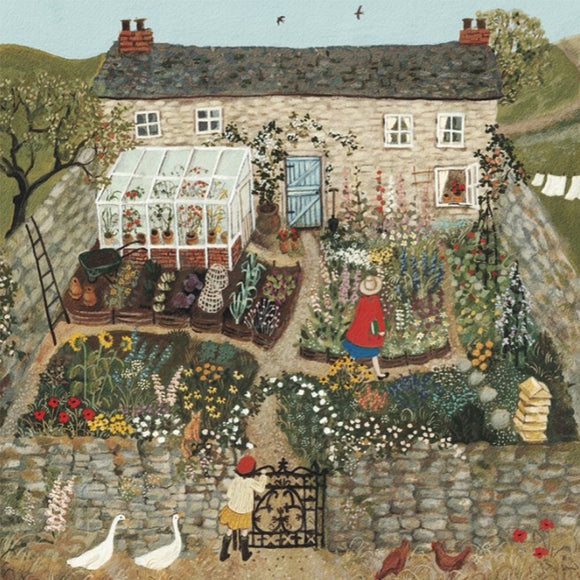 A whimsical jigsaw puzzle titled 'Walled Garden' featuring a vibrant scene depicting a quaint stone cottage surrounded by a lush garden. The garden is filled with colorful flowers, a greenhouse, and a charming gate. A woman in a red coat strolls through the garden while another person in a hat opens the gate. The landscape includes rolling hills and a blue sky, making it a delightful and intricate puzzle design.
