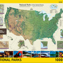 A 1000-piece jigsaw puzzle depicting a colorful map of the National Parks of the United States, featuring prominent parks and landscapes, surrounded by stunning images of natural scenery and wildlife. Multiple park details and outlines are illustrated, showcasing the diversity of the parks.