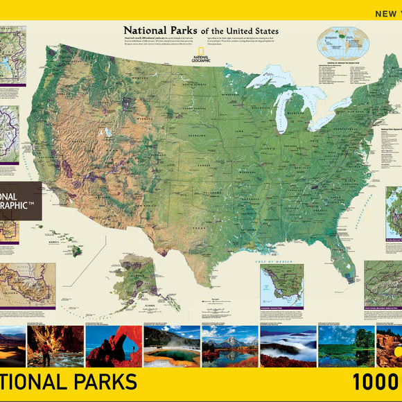 A 1000-piece jigsaw puzzle depicting a colorful map of the National Parks of the United States, featuring prominent parks and landscapes, surrounded by stunning images of natural scenery and wildlife. Multiple park details and outlines are illustrated, showcasing the diversity of the parks.