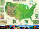 A detailed jigsaw puzzle featuring a colorful map of the National Parks of the United States. The visual includes topographical designs, park boundaries, and beautiful images from various parks, showcasing their natural beauty. The map provides an educational and engaging way to explore the diverse landscapes and iconic sites across the country.