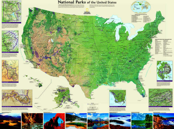 A detailed jigsaw puzzle featuring a colorful map of the National Parks of the United States. The visual includes topographical designs, park boundaries, and beautiful images from various parks, showcasing their natural beauty. The map provides an educational and engaging way to explore the diverse landscapes and iconic sites across the country.