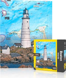 Boston Islands Mini Puzzle featuring a scenic lighthouse and map design. The puzzle contains 100 intricate pieces showcasing a beautiful coastal view of Boston's islands.