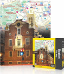 Boston City Map Mini Puzzle featuring a detailed map of Boston alongside an image of historic architecture. A colorful jigsaw puzzle in a vibrant yellow box, showcasing landmarks and streets, ideal for puzzle enthusiasts.